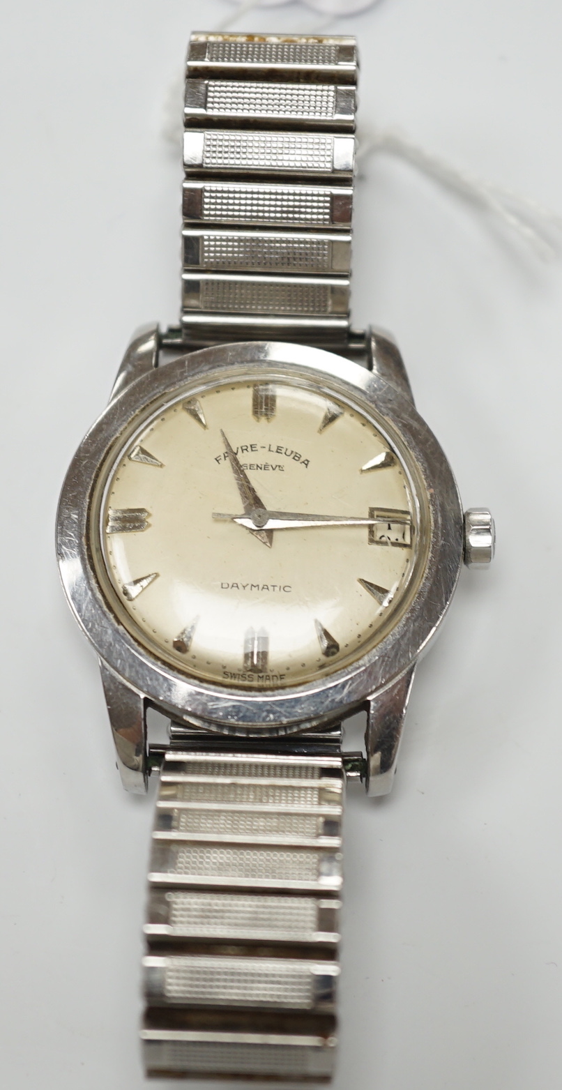 A gentleman's stainless steel Favre Leuba Daymatic manual wind wrist watch, on associated flexible strap.